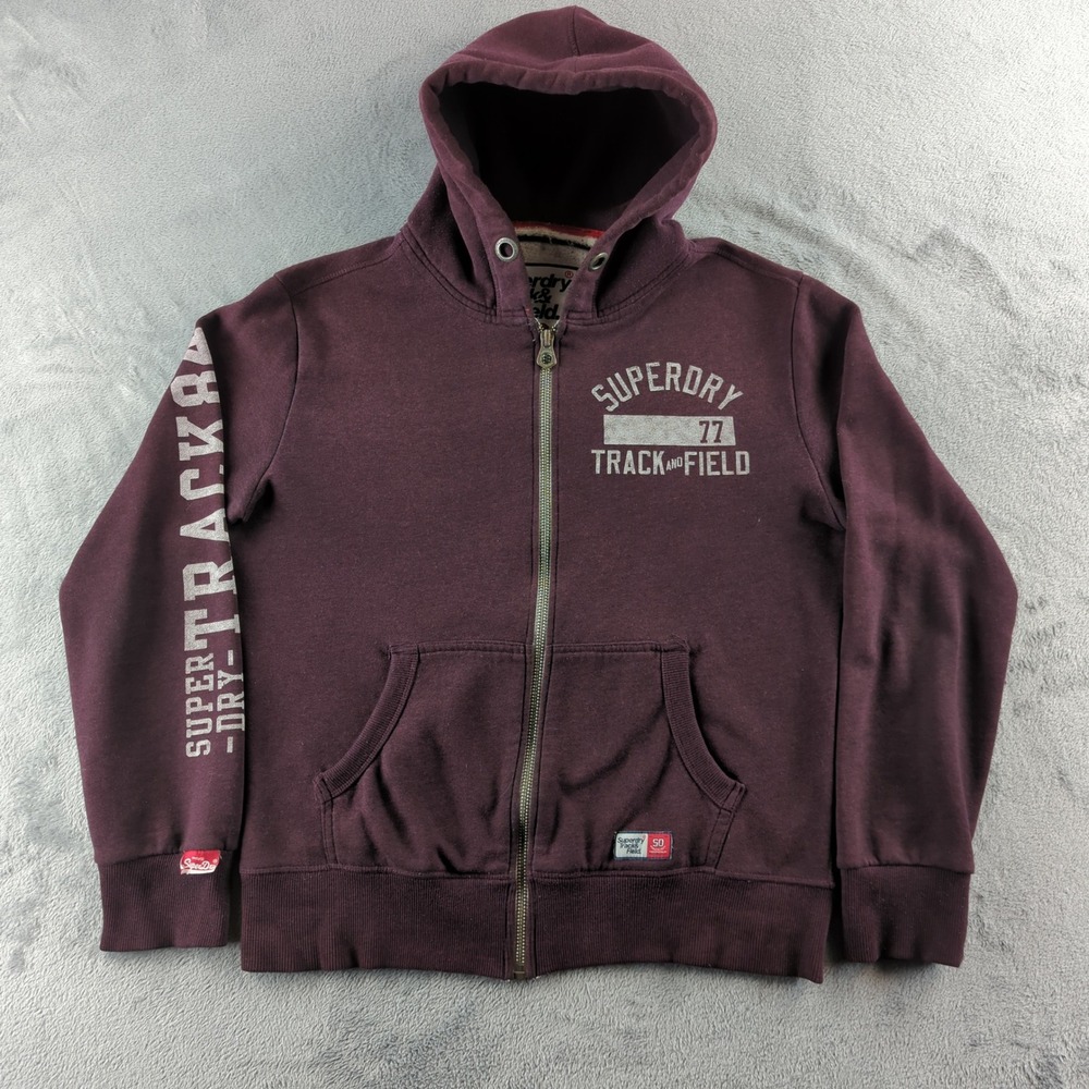 Superdry Hoodie Mens Large Maroon Track & Field 77 Full Zip Graphic Sweatshirt